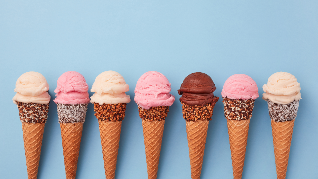 Ice cream, frozen dessert, flavors, creamy, vanilla, chocolate, strawberry, toppings, cones, sundaes, dairy, summer treat, gelato, sorbet, soft serve, ice cream truck, ice cream shop, homemade, scoops, ice cream sandwiches.